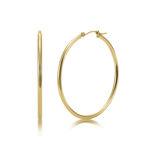 FB Jewels Solid 10K Yellow Gold Polished 4mm X 35mm Tube Hoop Earrings 